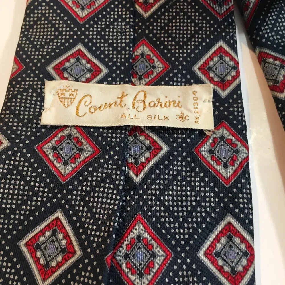 Count Barini Mens Silk Tie Navy Red Ivory Geometric Foulard Vintage Necktie